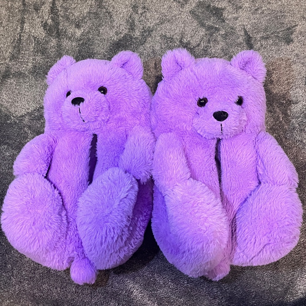 Purple Teddy Bear Plush Slippers – Cozy & Cute